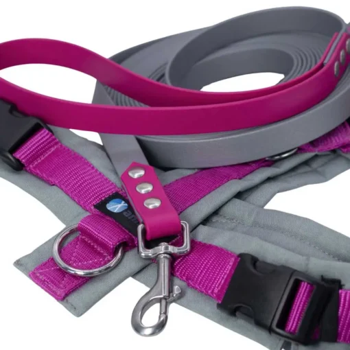 Biothane-Schleppleine-grau-pink-mit-AnnyX-Geschirr