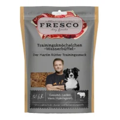 Packung FRESCO Trainingsknöchelchen Wasserbüffel - Martin Rütter Trainingssnacks für Hunde, 150g, getreidefrei, ohne Zusatzstoffe.