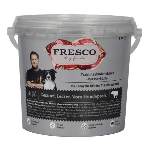 Eimer FRESCO Trainingsknöchelchen Wasserbüffel - Martin Rütter Trainingssnack für Hunde, 1kg, mit 92% Fleischanteil, ohne künstliche Zusätze.