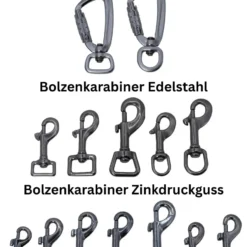 Verschiedene Karabinerarten aus Aluminium, Edelstahl und Zinkdruckguss - robuste Verschlüsse für handgefertigte Hundeleinen von KaHuFu